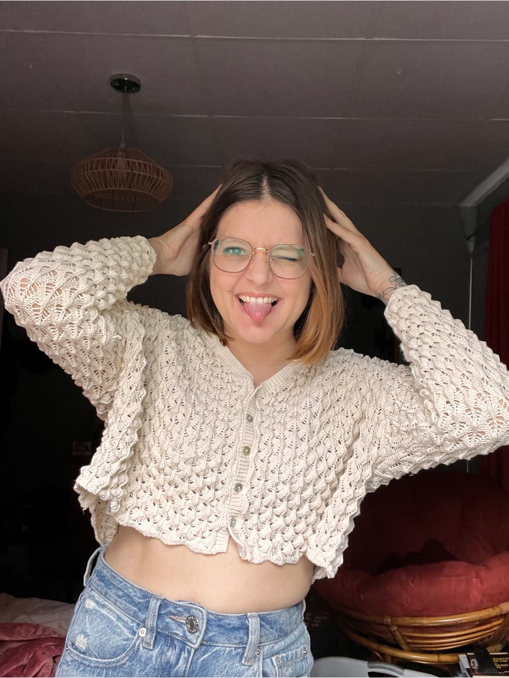Zara Beige Crochet Knit Button-Front Cropped Cardigan - Picture 2 of 2